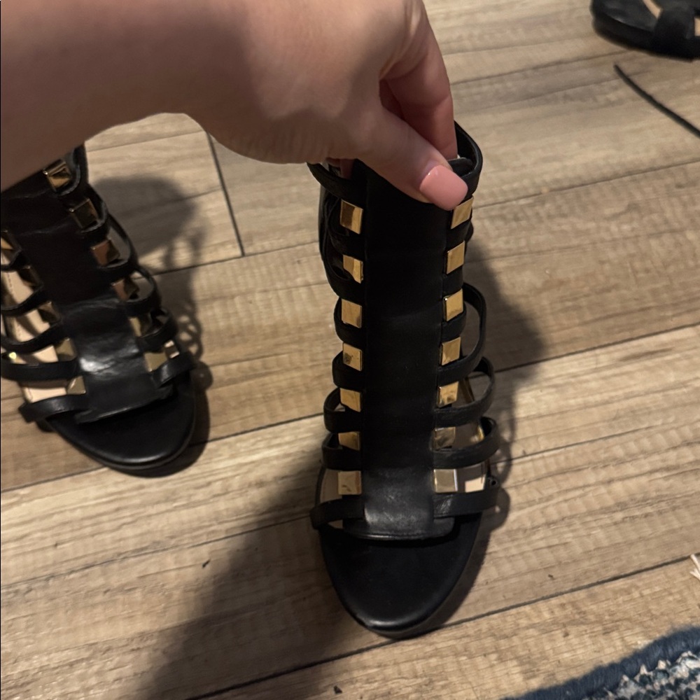 Black Strappy Heeled Sandals with Gold Accents